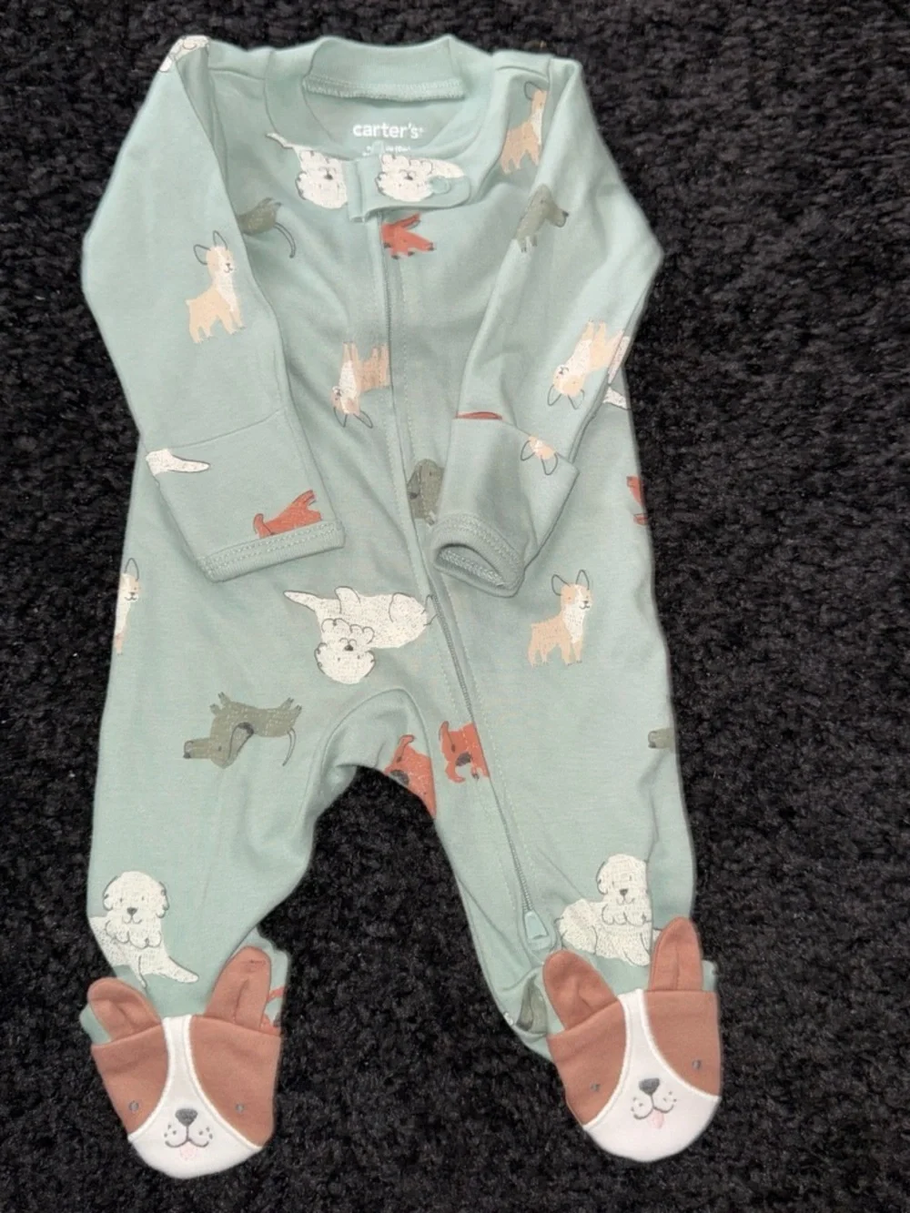 Carter's Sage Green Animal Print Footed One-Piece with Puppy Feet